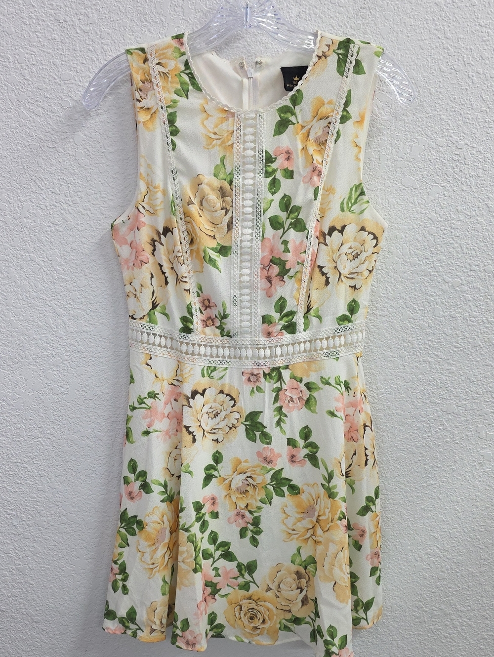 Disney Princess Floral Lace Trim Fit & Flare Dress Ivory Yellow Roses Size S